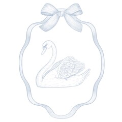 Elegant hand-drawn swan inside a vintage ribbon frame with a decorative bow. Romantic pastel illustration perfect for wedding invitations, branding, packaging, or nursery design. Delicate sketch style