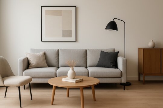 Contemporary interior design featuring warm yellow accent chair and neutral wall backdrop