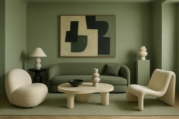 Contemporary living space with sage green accent wall and curated modern furniture collection