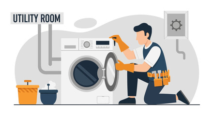 Repairman Fixing A Washing Machine Appliance In Laundry Room For Maintenance