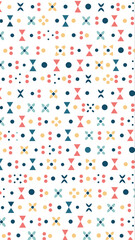 A vibrant abstract pattern featuring a repeating geometric arrangement of colorful shapes and dots on a white background