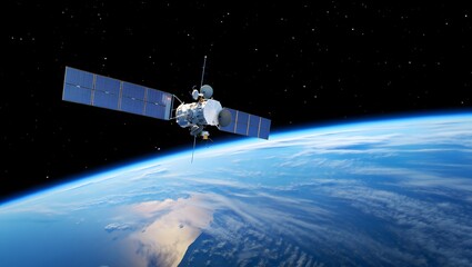 Sleek High-Tech Artificial Satellite Orbiting Earth Amid Twinkling Stars