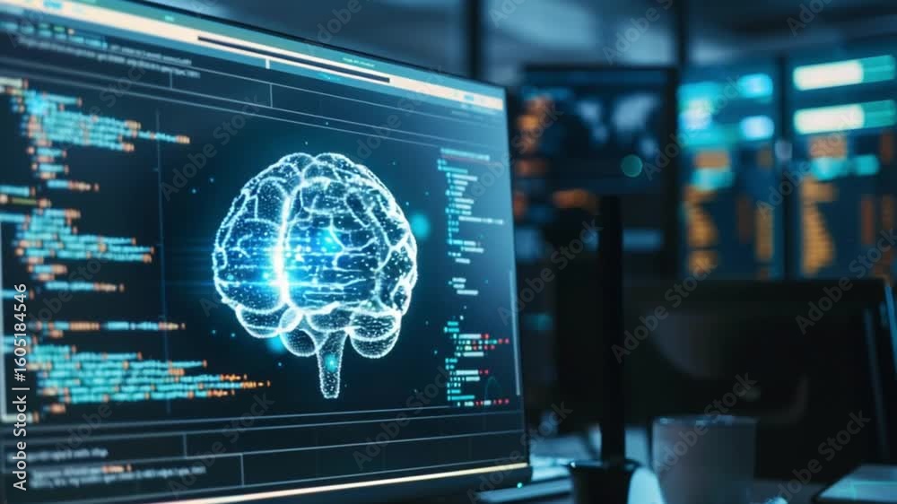Poster computer screen displaying coding and a 3d model of a brain