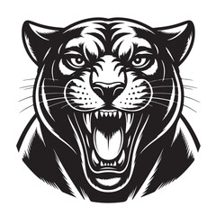 Obraz premium Fierce black panther head roaring with open mouth and bared teeth vector design