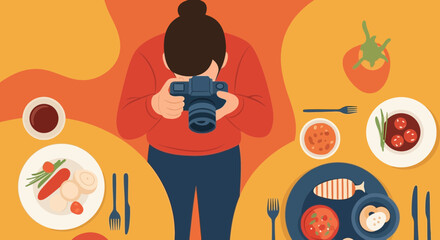 Woman Capturing Flat Lay Food Photography With Digital Camera On Table