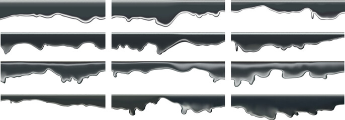 Black paint drip set with melting vector drops and oil splatter effects. 3D liquid textures for graffiti backgrounds or Halloween zombie designs. Oozing patterns or sticky chocolate.