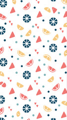 Vibrant summer citrus pattern featuring slices of grapefruit and lemon with abstract starbursts and dots