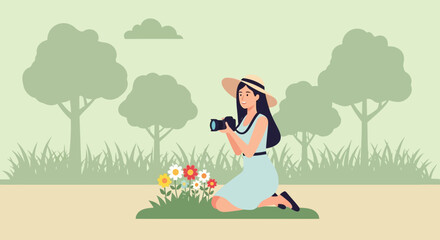 Woman Capturing Floral Beauty Photographer Outdoors On Sunny Day