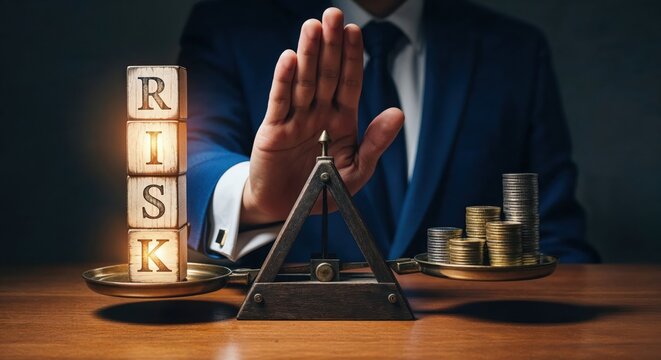 Businessman comparing risk and balancing money on scales as concept of financial decision and investment strategy.
