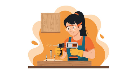Woman Carpenter Drilling Wood With Electric Screwdriver At Home