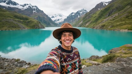 Smiling South American man taking selfie in front of turquoise mountain lake and scenic alpine landscape.