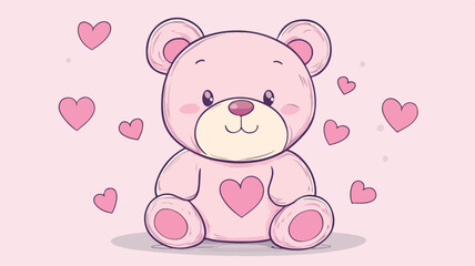 Simple Line Illustration of Cute Pink Teddy Bear for Design Projects