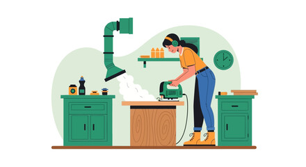 Woman Carpenter Using Power Tool In Workshop With Extraction System
