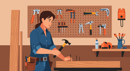 Woman Carpenter In Her Workshop With Tools In The Background At Work