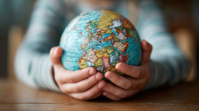 A child's hands gently cradle a globe, symbolizing care for the environment, global education, future of our planet. Ideal for themes of sustainability, childhood learning, international cooperation