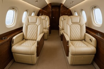 Executive business jet interior featuring premium leather seating and polished wood accents