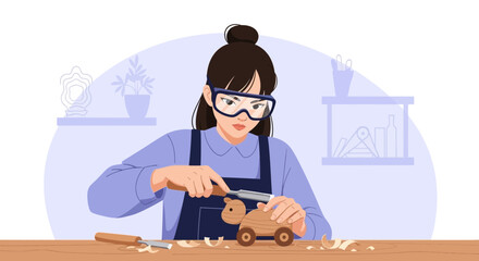 Woman Carving Wooden Turtle With Chisel, Wearing Safety Glasses In Workshop