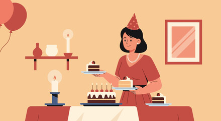 Woman Celebrating Birthday Party With Cake And Festive Decorations At Home