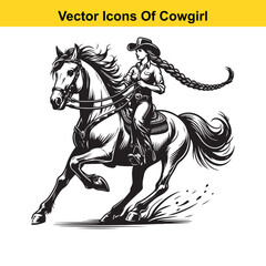 Cowgirl Riding Horse with Braid and Blowing Hat – Western Line Art Vector