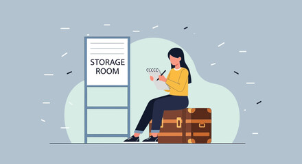 Woman Checking Inventory On Suitcase Outside Storage Room Facility