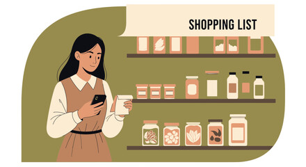 Woman Checks Her Shopping List on Her Phone At The Grocery Store