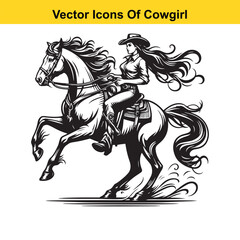 Fototapeta premium Cowgirl Riding Horse with Braid and Blowing Hat – Western Line Art Vector