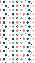 Abstract geometric pattern featuring repeating rows of colorful hexagonal shapes and scattered dots on a white background