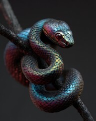 Vibrant iridescent snake coiled on a branch in a detailed macro shot