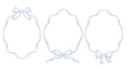 Ribbon Frame Set with Bows Graphic Illustration. Elegant hand-drawn pastel ribbon frames decorated with delicate bows. This set includes three vintage-style border templates in light blue