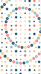 Whimsical star and circle pattern with a retro feel and a subtle diagonal perspective