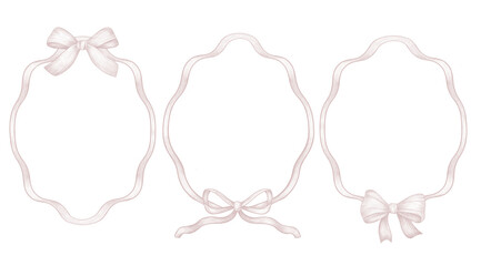 Ribbon Frame Set with Bows Graphic Illustration. Elegant hand-drawn pastel ribbon frames decorated with delicate bows. This set includes three vintage-style border templates in light pink