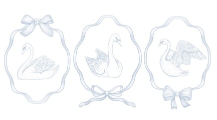 Set of three elegant vintage swan illustrations inside ornate ribbon frames. Detailed hand-drawn birds in engraving style. Ideal for wedding invitations, branding, packaging,  romantic vintage decor