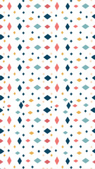 A vibrant geometric pattern featuring rows of colorful diamond shapes and small dots on a white background