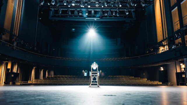 Person standing under bright spotlight on stage in a dramatic theater setting at night
