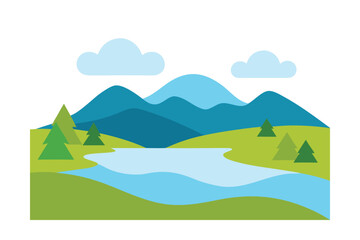Simple Stylized Lake Landscape With Hills In Background