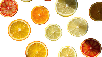 Obraz premium Assortment of fresh citrus fruit slices including oranges lemons and grapefruits isolated on transparent background