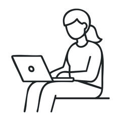 Outline of young caucasian female working on laptop in minimalist style. Vector illustration