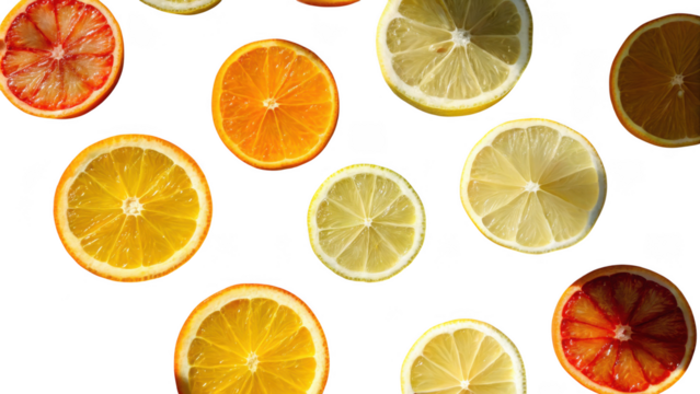 Assortment of fresh citrus fruit slices including oranges lemons and grapefruits isolated on transparent background
