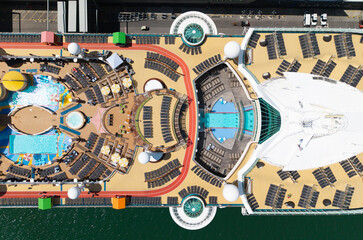 Cruise ship tour and travel at sea. Aerial luxury liner voyage. Ship top view. Luxury liner resort....