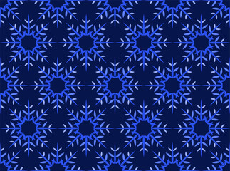 Dark blue christmas background of snowflakes. Winter ornate seamless pattern of stars. Magical winter ornament in shades of blue. Classic Christmas decor of snowflakes with eight rays