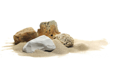 Beach stone and sand isolated on white background, side view	