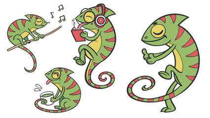 Four funny green chameleons with red stripes enjoying drinks and music vector