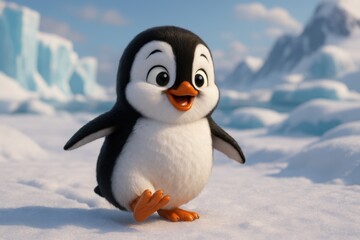 Adorable 3D animated penguin character waddling playfully across snowy Antarctic landscape