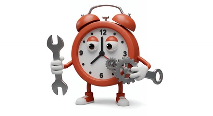 Cartoon clock character with tools for repair
