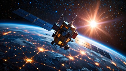 Sleek High-Tech Artificial Satellite Orbiting Earth Amid Twinkling Stars