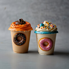 Colorful Cupcake Drinks with Donut Toppings on Gray Background