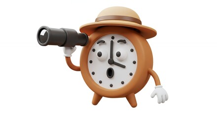 Curious cartoon clock with magnifying glass