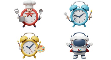 Obraz premium Four colorful cartoon clock designs