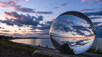 Glass orb reflecting sunset over peaceful lake with clouds  