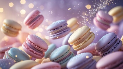 Obraz premium A delightful assortment of colorful macarons floating in a dreamy pastel atmosphere with sparkling lights